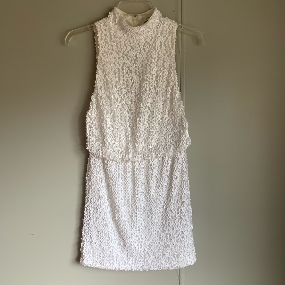 Mock neck with ope back sequin mini dress